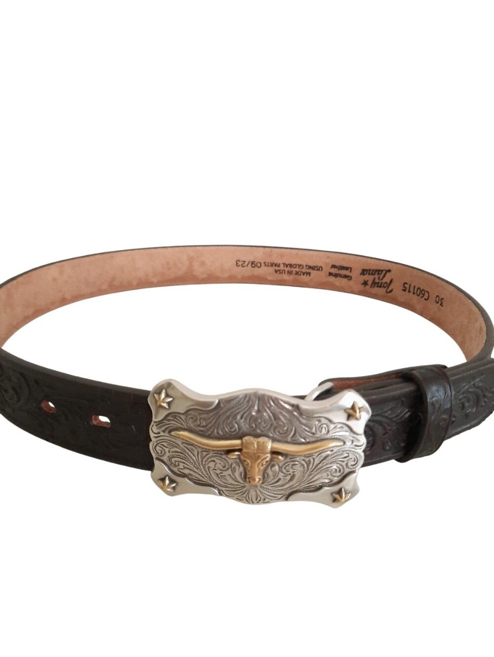 Tony Lama Little Texas Tooled Leather Longhorn Buckle Belt Brown Youth Size 30